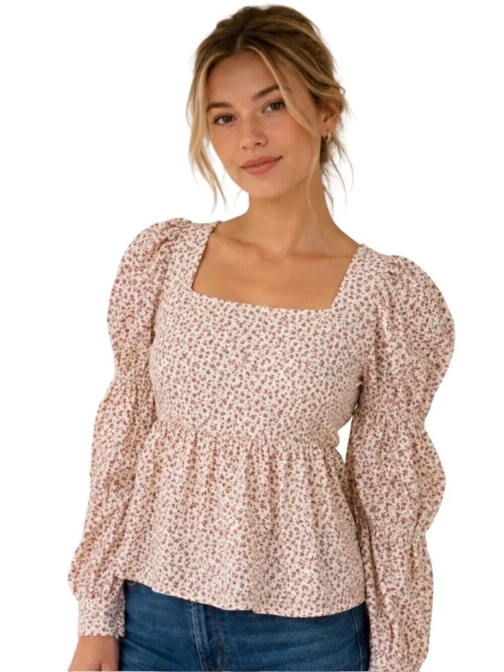 Hyacinth House Clemons Peplum Print Blouse in White Pink New Womens